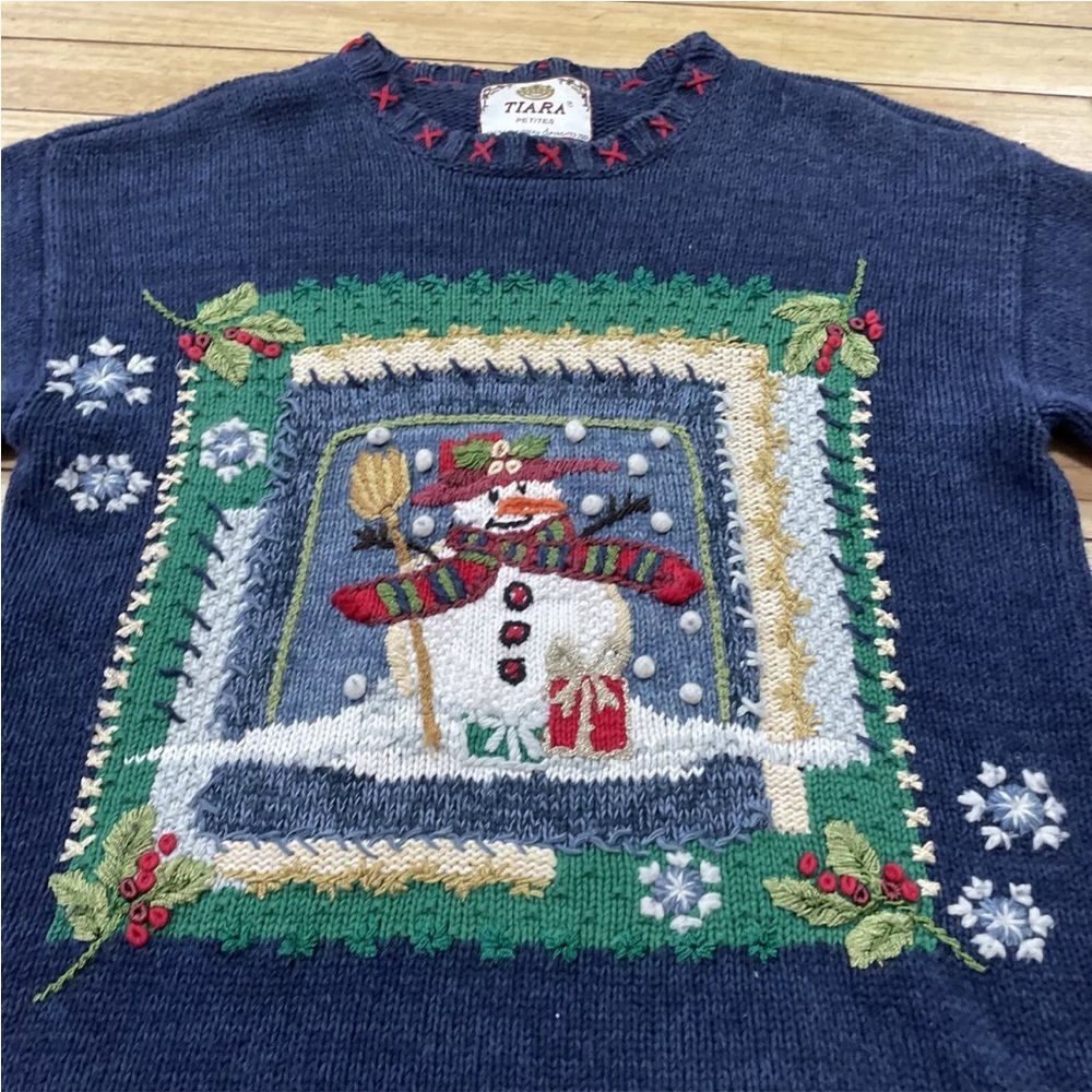 TIARA PETITES Christmas Sweater Womens M Ramie Linen Knit Blue Snowman Holiday M - Picture 4 of 16
